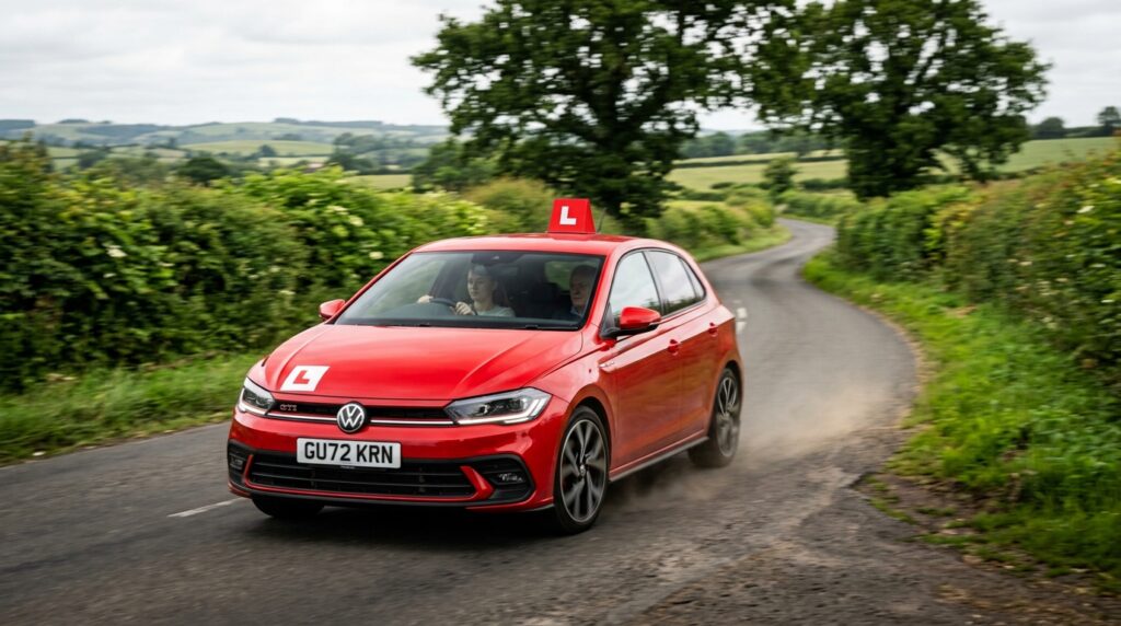 Red UK learner car with L-plates driving through British countryside during an intensive driving course UK.