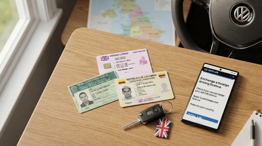 Brazilian and Colombian driving licences next to a UK licence with a smartphone showing the DVLA exchange page