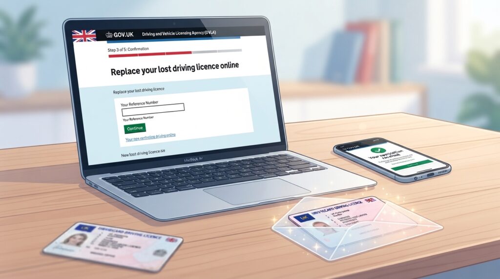 Digital illustration of the DVLA online replacement service for a lost UK driving licence. A laptop and smartphone show the government form, a new photocard licence arrives in a digital envelope, and an old licence lies out of focus in the foreground, conveying a quick and simple process.